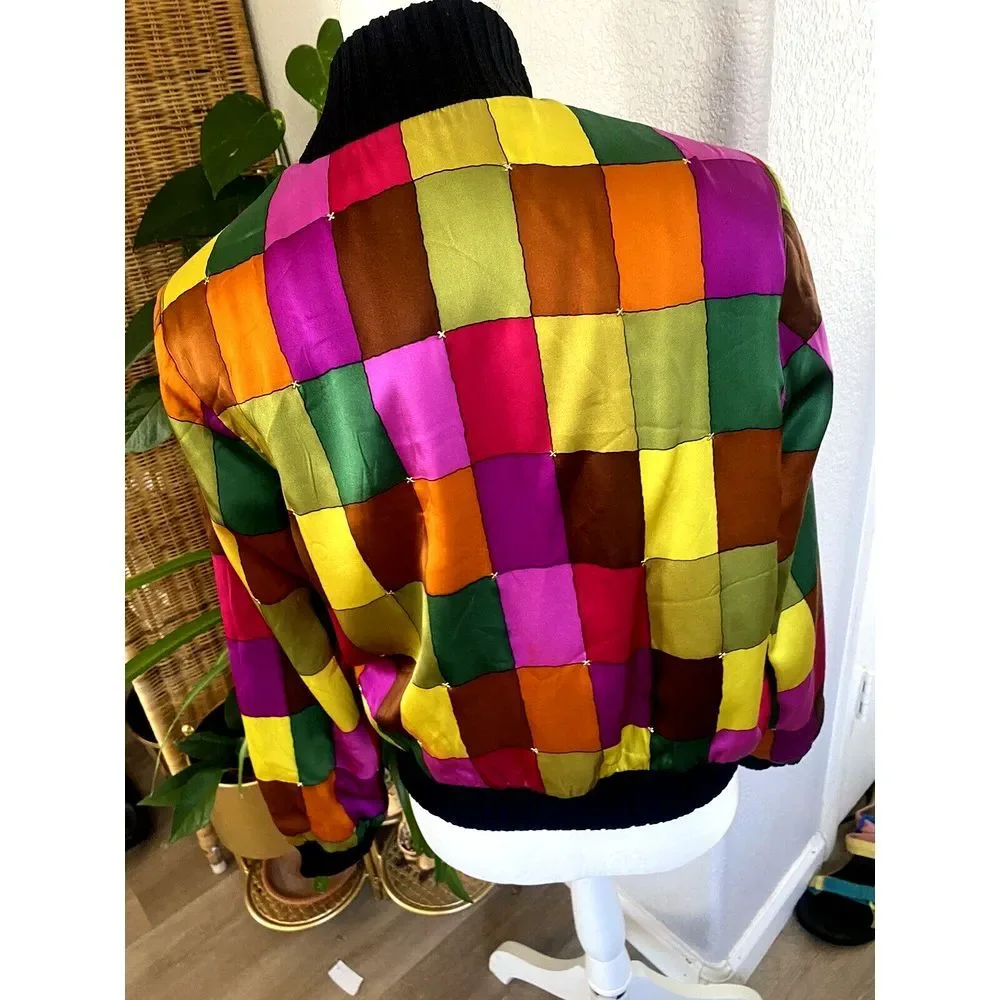 ST. JOHN‎ SPORT MARIE GRAY Bomber Jacket Zip SILK SZ S Color Block 80s Wool Boho - Picture 5 of 10